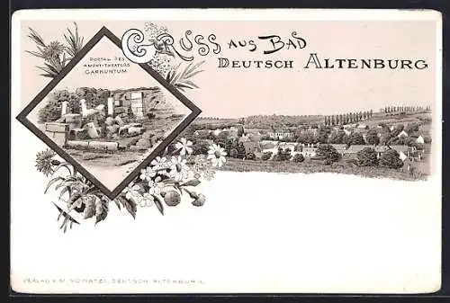 Lithographie Bad Deutsch Altenburg, Panorama, Portal des Amphy-Theaters Carnuntum