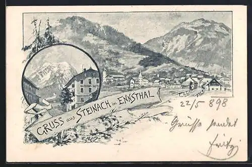 Lithographie Steinach im Ennsthal, Bahnhof-Hotel, Panorama