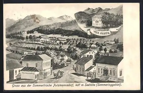Künstler-AK Putzmannsdorf /Semmering, Hotel Villa Pichler, Strassenpartie mit Fleischausschrottung