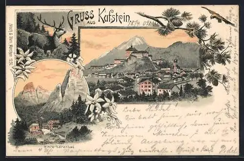 Lithographie Kufstein, Totalansicht mit Hinterbärenbad in der Dämmerung