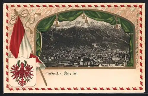 AK Innsbruck, Teilansicht vom Berg Isel, Wappen mit Flagge, Passepartout