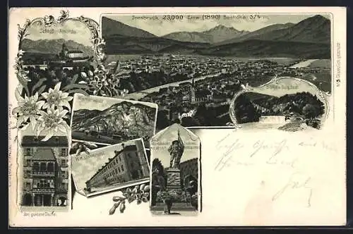 Lithographie Innsbruck, Gasthaus Goldenes Dachel, K. K. Universität, Sillfall und Berg Isel