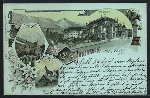 Lithographie Innsbruck, Stadtsäle, Schloss Weiherburg, Gams auf einem Felsen