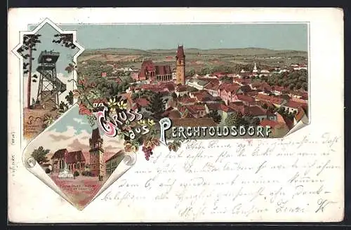 Lithographie Perchtoldsdorf, Teilansicht, Josefswarte auf dem Föhrenberg, Kirche, Turm u. Mariensäule am Marktplatz