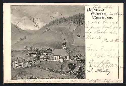 Künstler-AK Thierbach /Wildschönau, Kirche mit Wohnhäusern