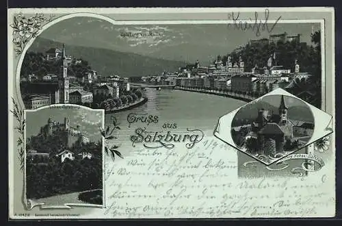 Mondschein-Lithographie Salzburg, Ansicht von der Mülln, Hohen Salzburg und Festung