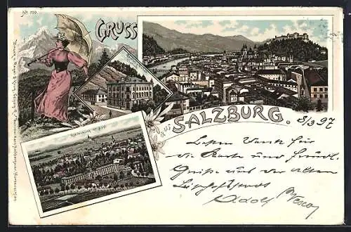 Lithographie Salzburg, Gasthof und Cafe Ofenloch, Riedenburg mit Asyl