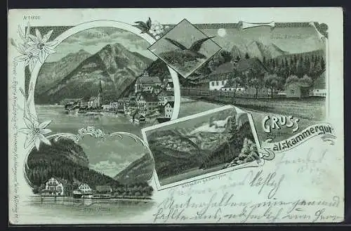 Mondschein-Lithographie Hallstatt /Salzkammergut, Ansichten mit Gosau-See g. d. Dachstein und Gosau-Mühle