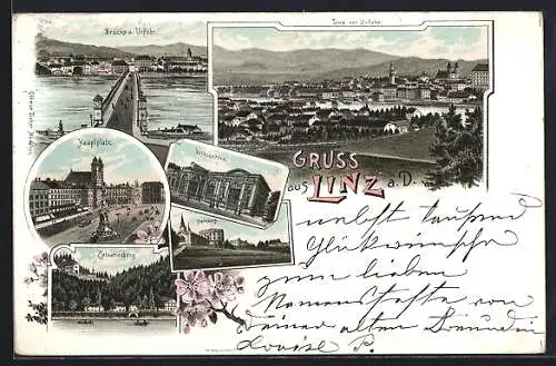 Lithographie Linz a. D., Brücke u. Urfahr, Calvarienberg und Festung Freinberg