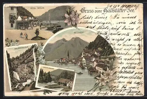 Lithographie Hallstatt, Hotel Seeauer, Waldbachstrub und Gosauzwang