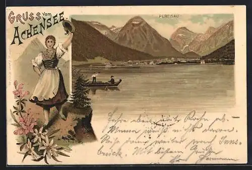 Lithographie Pertisau, Ansicht am Achensee und Frau in Tracht