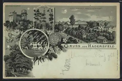 Mondschein-Lithographie Hadersfeld, Alois Agners Gastwirtschaft, Ruine Greifenstein und Schloss in Hadersfeld