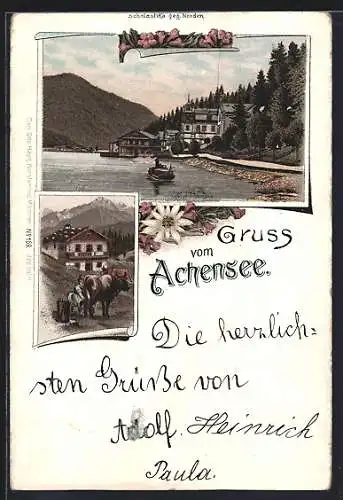 Lithographie Achensee, Scholastika gegen Norden und Bäuerin beim Melken