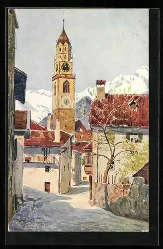 Künstler-AK Meran, Hallergasse im Winter