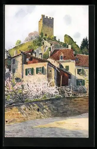 Künstler-AK J. Marschall: Meran, Ruine Pulverturm am Tappeinerweg