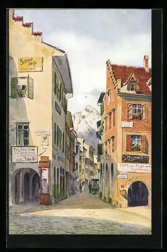 Künstler-AK J. Marschall: Meran, Laubengasse mit Zielspitze