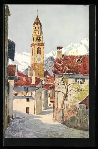 Künstler-AK J. Marschall: Meran, Hallergasse an einem sonnigen Wintertag