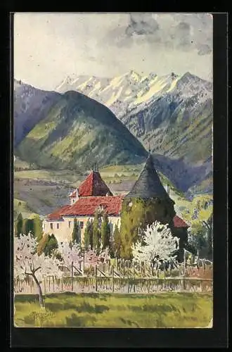 Künstler-AK J. Marschall: Meran-Obermais, Schloss Planta im Frühling