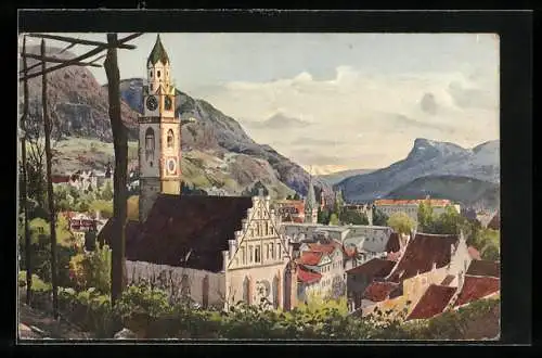 Künstler-AK J.Marschall: Meran, Pfarrkirche mit Bergen