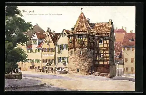 Künstler-AK J. Marschall: Stuttgart, Katharinenstrasse mit Schellenturm