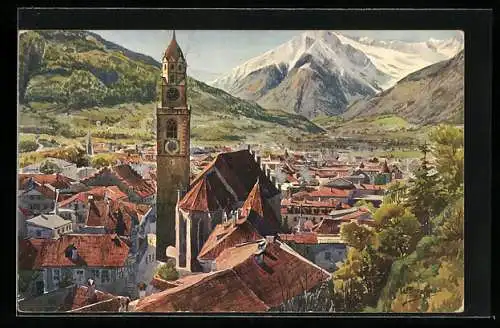 Künstler-AK J.Marschall: Meran, Teilansicht mit Kirche nach Westen