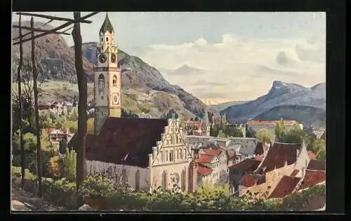 Künstler-AK J. Marschall: Meran, Pfarrkirche im Stadtbild