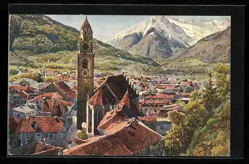 Künstler-AK J. Marschall: Meran / Merano, Ortsansicht nach Westen