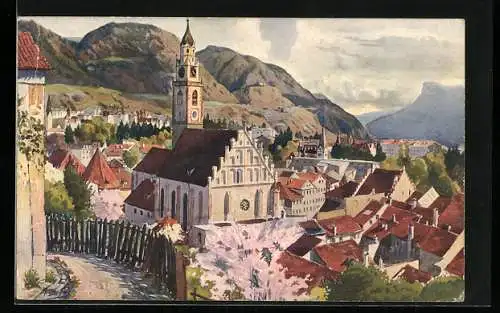 Künstler-AK J. Marschall: Meran, Blick vom Tappeinerweg zur Kirche