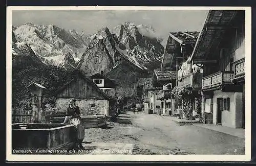 AK Garmisch, Frühlingsstrasse mit Waxenstein und Zugspitze