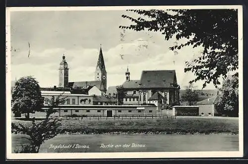 AK Ingolstadt /Donau, Donaupartie mit Kirche