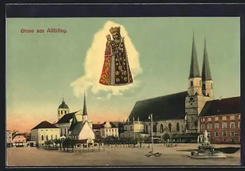 AK Altötting, Kirche mit Brunnen und Gnadenbild
