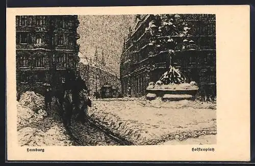 Künstler-AK Hamburg-Neustadt, Holstenplatz mit Brunnen und Strassenbahn im Winter