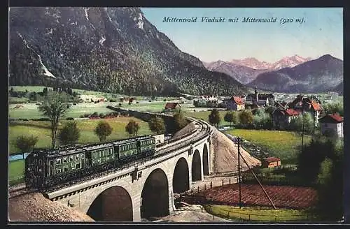 AK Mittenwald, Karwendel-Bahn, österreichische Eisenbahn auf dem Viadukt