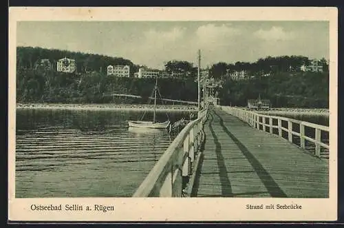 AK Sellin a. Rügen, Strand mit Seebrücke