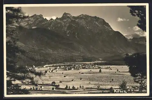 AK Krün, Ortsansicht mit Karwendel