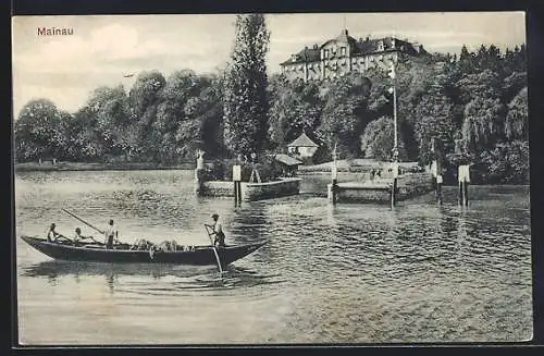 AK Insel Mainau, Panorama mit Schloss Mainau und Boot