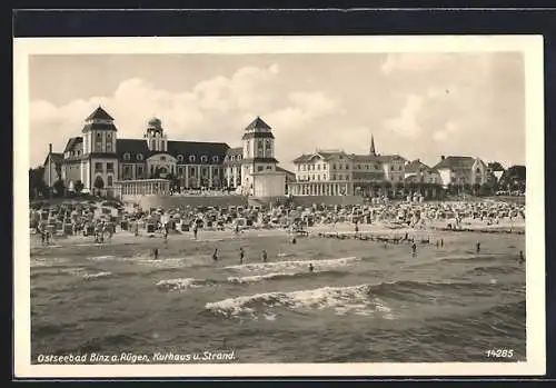 AK Binz a. Rügen, Blick von der Ostsee auf den Strand und das Kurhaus