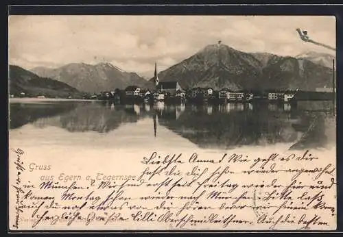 AK Egern a. Tegernsee, Ortsansicht mit Kirche, vom Wasser aus