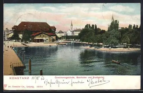 AK Konstanz, Konziliumsgebäude mit Boothafen und Stadtgarten