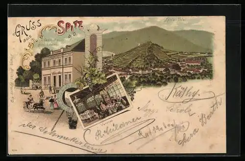 Lithographie Spitz a. D., Gasthof zum Löwen, Veranda und Gesamtansicht