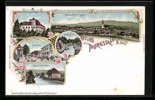 Lithographie Purgstall /N. Oest., Schloss Purgstall, Erlafluss-Partie und Aussicht v. d. Marktbrücke