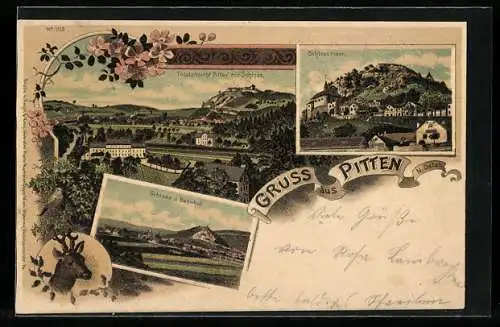 Lithographie Pitten /N. Öster., Schloss Pitten, Schloss und Bahnhof, Gesamtansicht