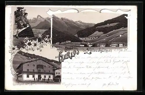 Lithographie Gerlos im Zillertal, Gasthaus zum Stöckl, Jäger in den Bergen und Gesamtansicht
