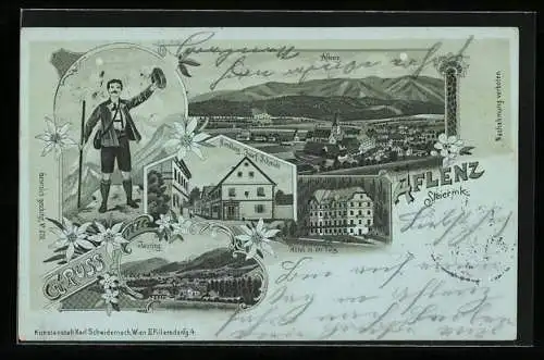 Mondschein-Lithographie Aflenz /Steiermk., Jauring, Handlung Josef Schmidt und Hotel in der Fölz