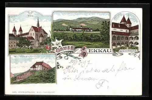 Lithographie Sekkau /Steiermark, Dom, Wallfahrtkirche und Kreuzgang