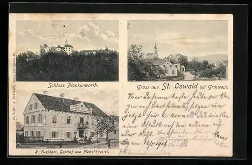 AK St. Oswald bei Gratwein, Schloss Plankenwarth und Gasthof Rupert Fuxjäger