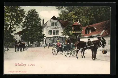 AK Weidling a. Bach, Gasthaus Josef Schleinzer mit abfahrender Kutsche