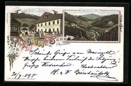 Lithographie Terz b. Mariazell, Halltal, Gasthof u. Pension zur steirischen Grenze