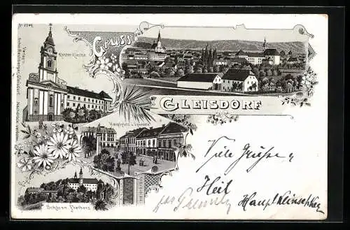 Lithographie Gleisdorf, Klosterkirche, Hauptplatz mit Sparkasse und Schloss Freiberg