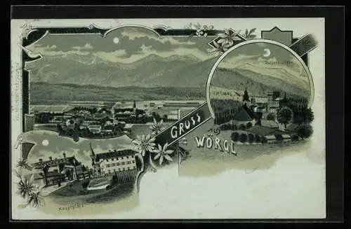 Mondschein-Lithographie Wörgl, Schloss Itter, Hauptplatz und Gesamtansicht